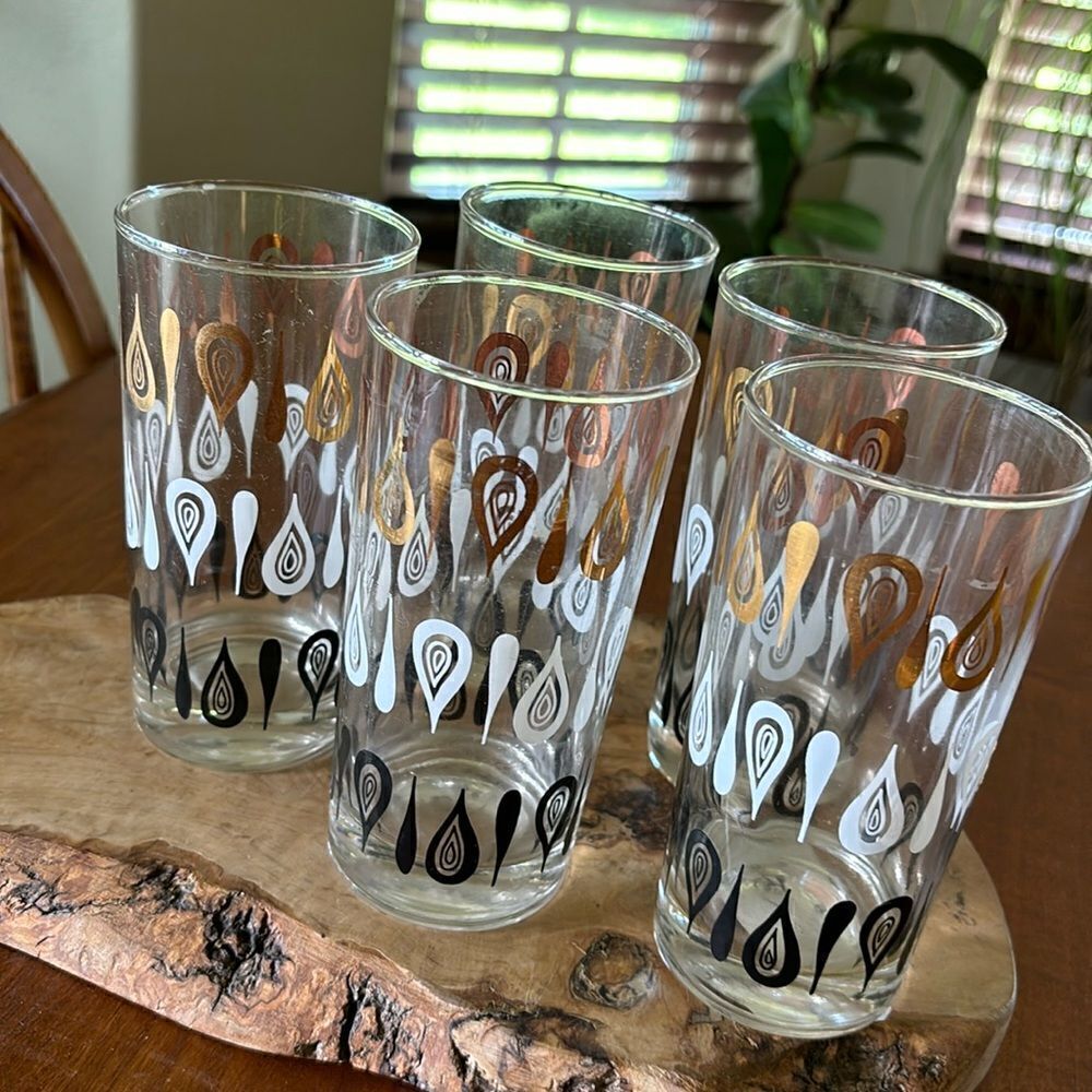 Set of 5 MCM Gold White & Black Teardrop High Ball Cocktail Glasses